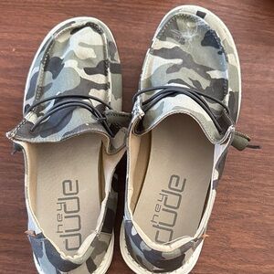 Hey Dude Women's Camo Slip-On Flats in Green/Tan/Black